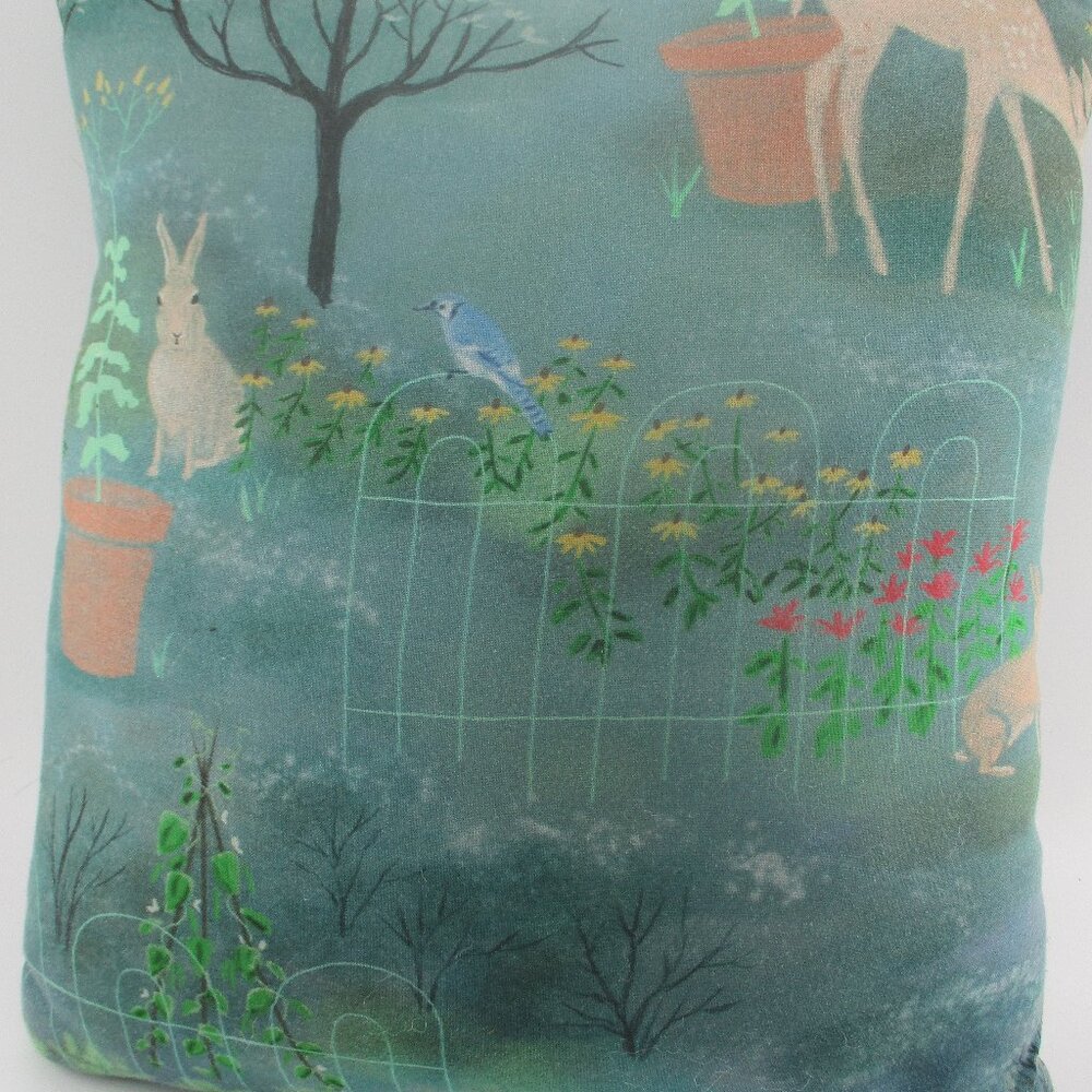 15" x 13.5" Garden Rabbit and Deer Pillow in Gray and Green stuffed lumbar firm.